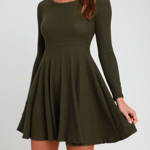 Fit and Fair Olive Green Ribbed Knit Long Sleeve Skater Dress - NWT